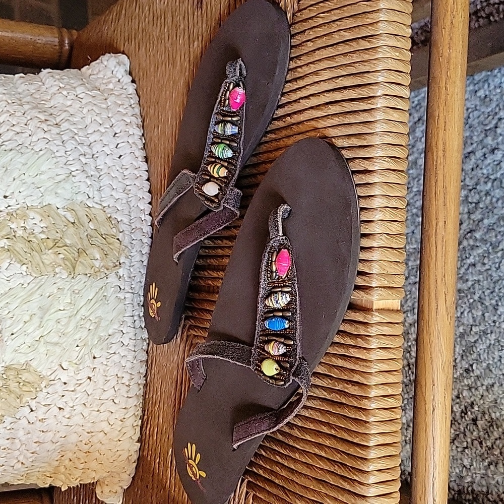 BuyambaSoles, brown beaded flip flops, size 11
